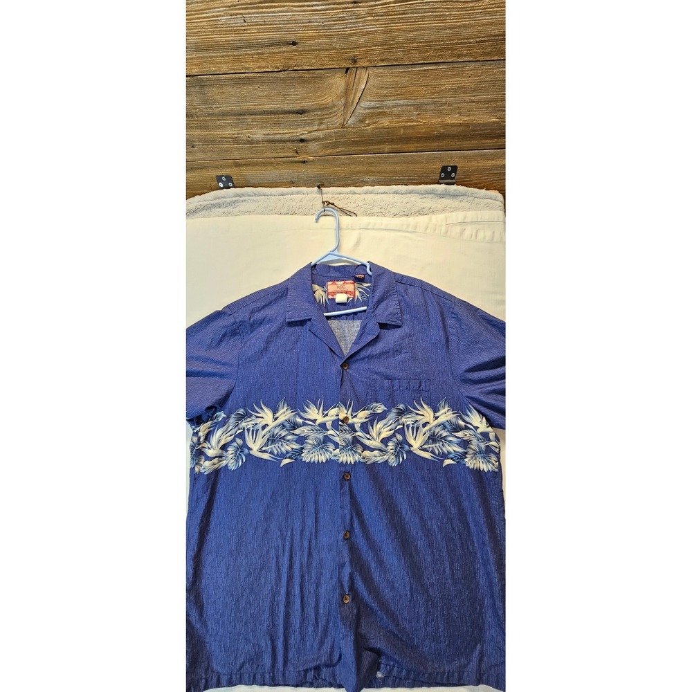 RJC Hawaiian Shirt Mens 2XL Blue Floral Border Print Cotton Made in USA 154